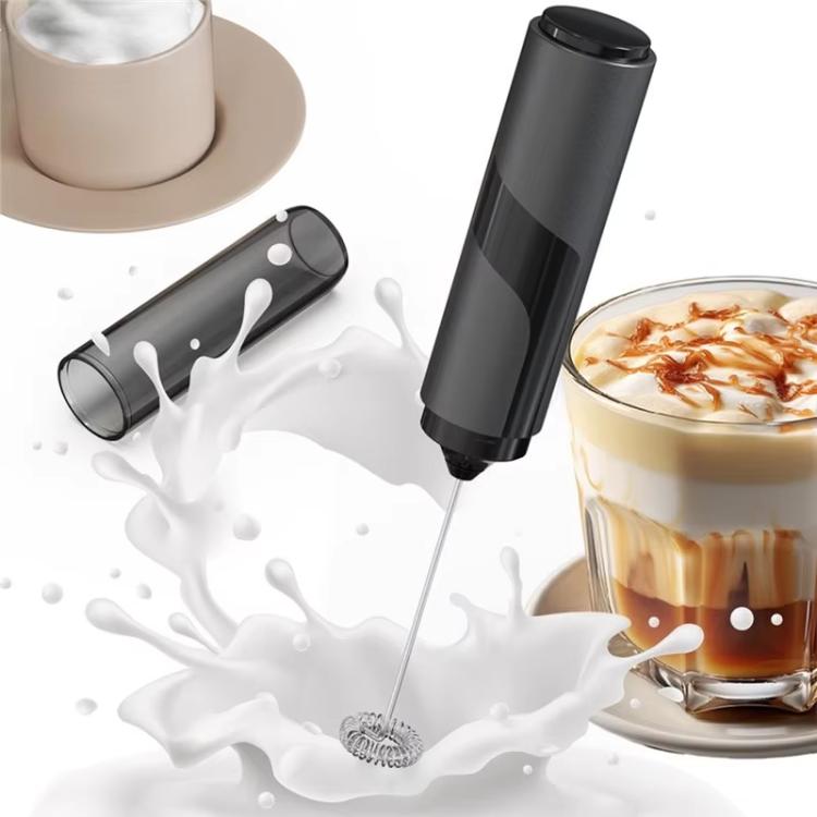 Handheld electric milk frother with stainless whisk head, black body and frothing wand