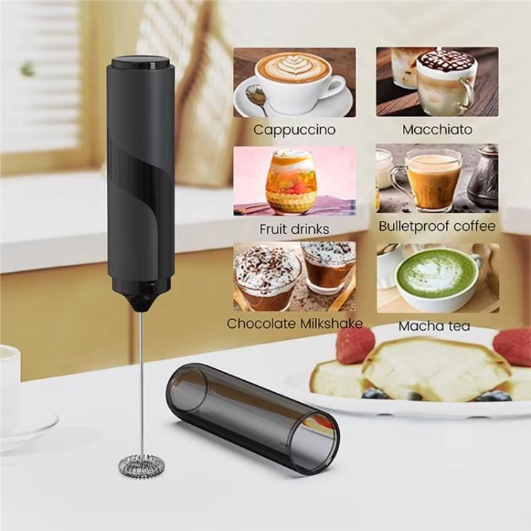Compact handheld milk frother in black with whisk wire, shown with drink examples