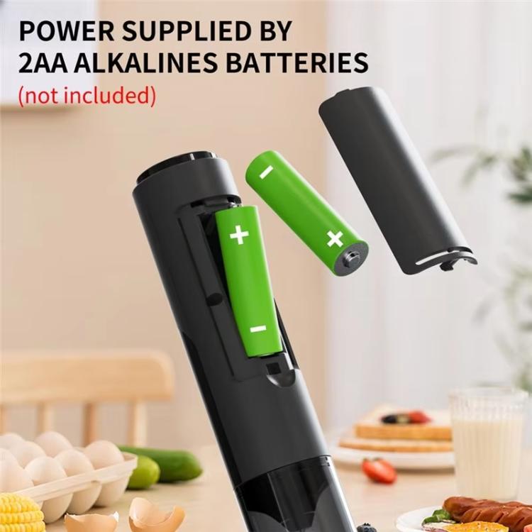 Black handheld milk frother with AA battery compartment preview, green AA batteries shown