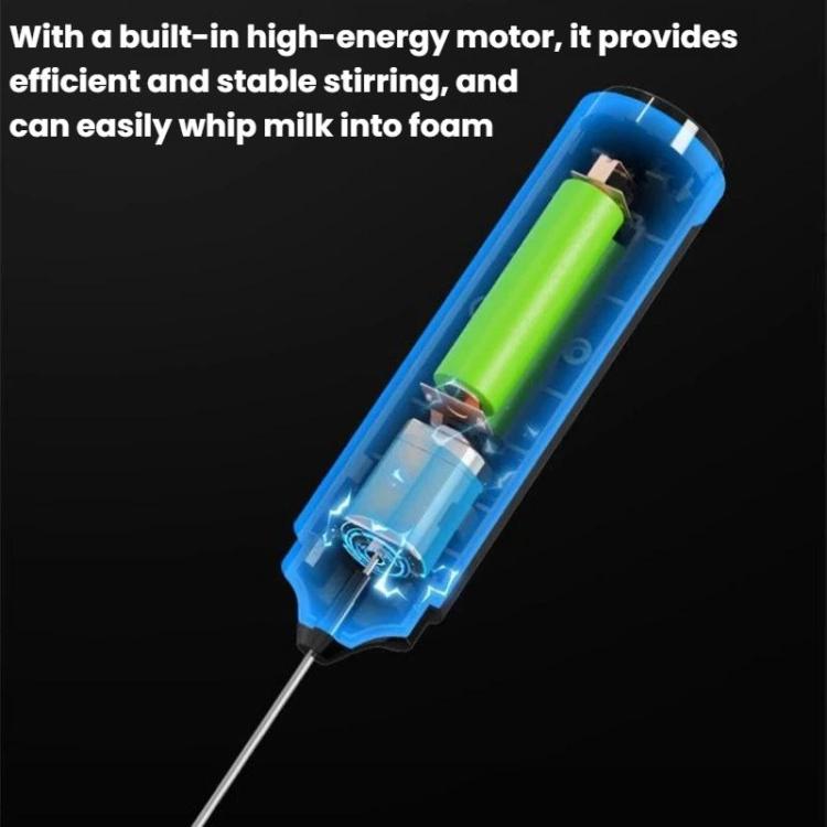 Handheld electric milk frother internal motor view with green battery components