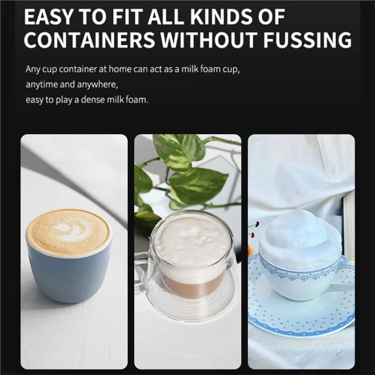 Milk frother dispensing into cups for milk foam, handheld black device shown