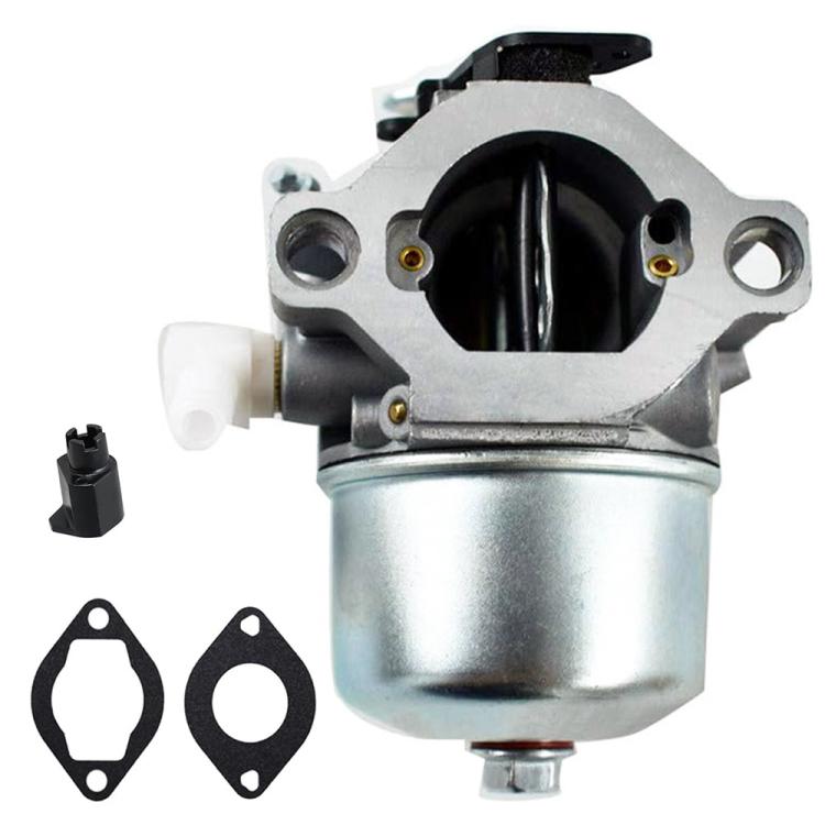 Lawn mower carburetor with black intake and silver metal body, plus gasket set