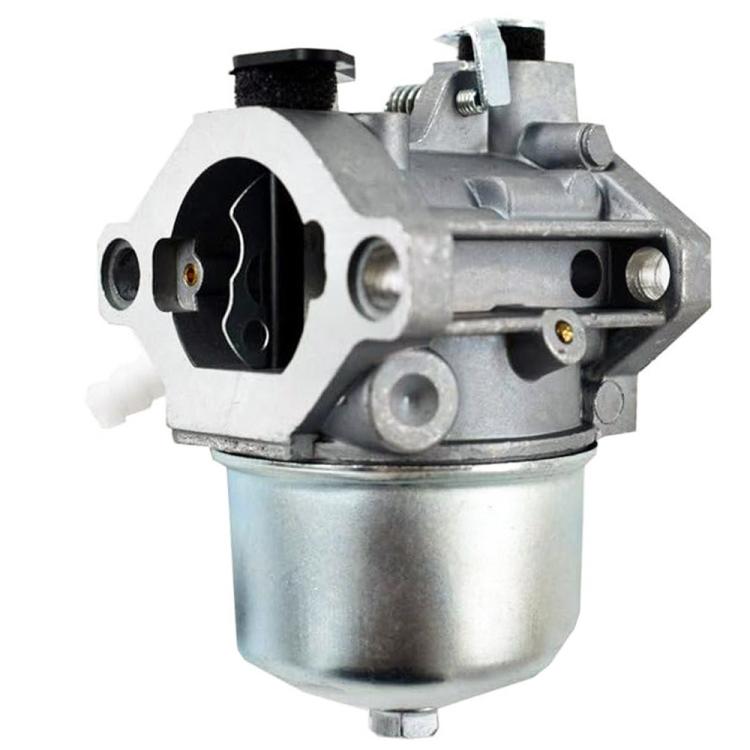 Lawn mower carburetor with black air intake port and silver metal housing