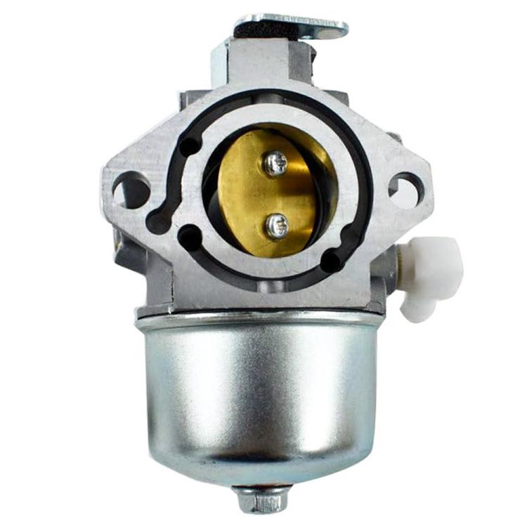 Lawn mower carburetor front view with brass throttle plate and black intake