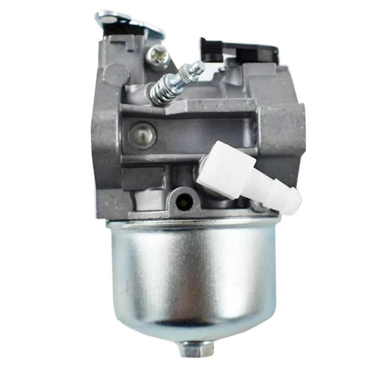 Lawn mower carburetor with silver metal body and white fuel line fitting