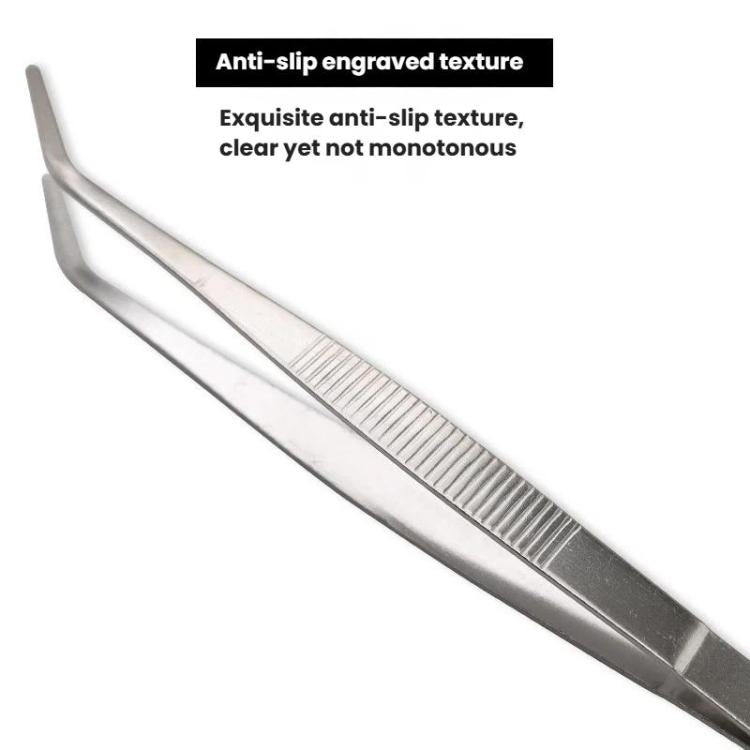 Stainless steel tea tongs with engraved anti-slip ridges along the handle