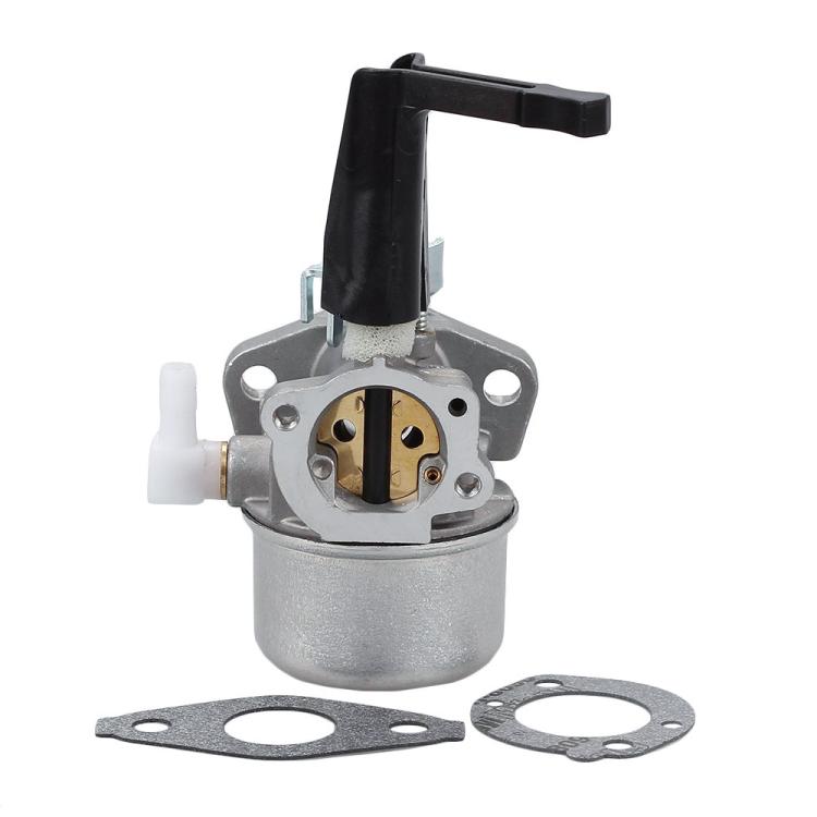 Lawnmower carburetor with metal body, black air intake, and mounting flange gasket