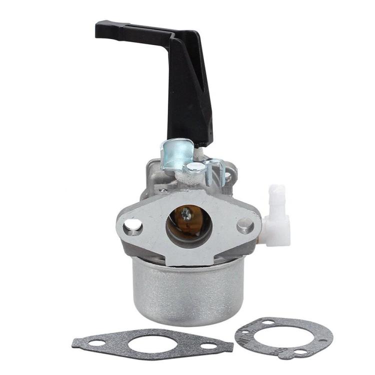 Lawnmower carburetor with black choke arm, metal housing, and included gasket pieces