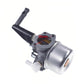 Lawnmower carburetor with metal canister and black hose, side view with 35mm marking