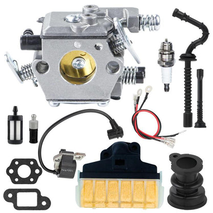 Carburetor replacement kit with hoses, spark plug, and mounting gaskets