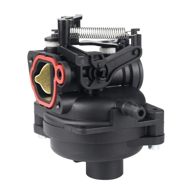 Lawn mower carburetor assembly with black housing and red intake seal, spring and choke parts