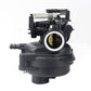Lawn mower carburetor assembly with round air intake and brass throttle opening, black body