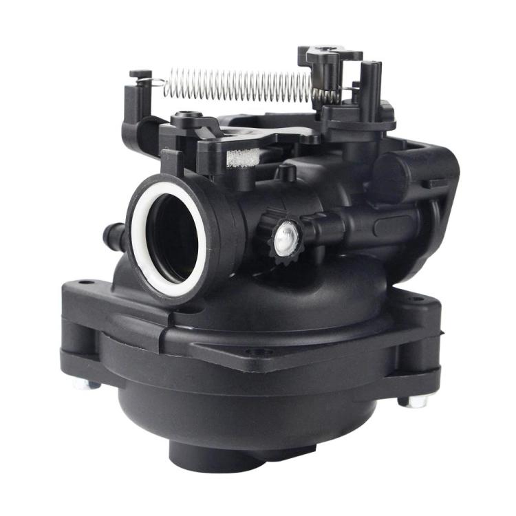 Lawn mower carburetor assembly with black body, intake port, and metal adjustment screw