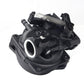 Lawn mower carburetor assembly with black casing, intake manifold opening, and return spring