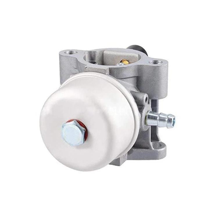 Lawn mower carburetor with large white fuel bowl, silver housing, and black cap
