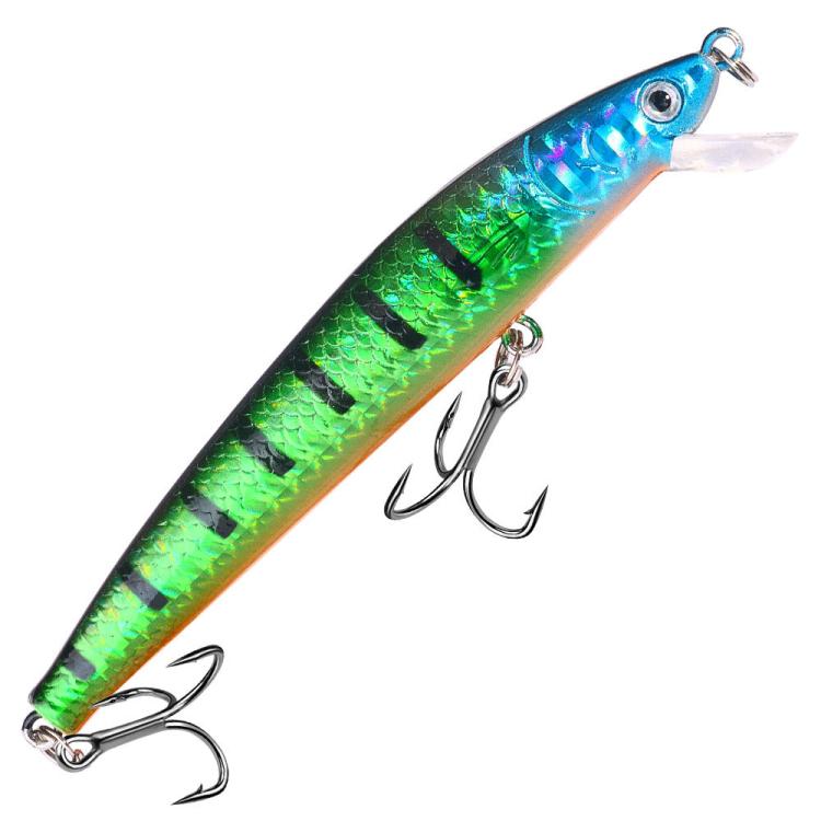 Blue-green minnow fishing lure with black markings, clear lip, treble hooks