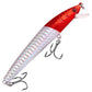 Red-and-silver minnow fishing lure with iridescent scales, clear lip, treble hooks