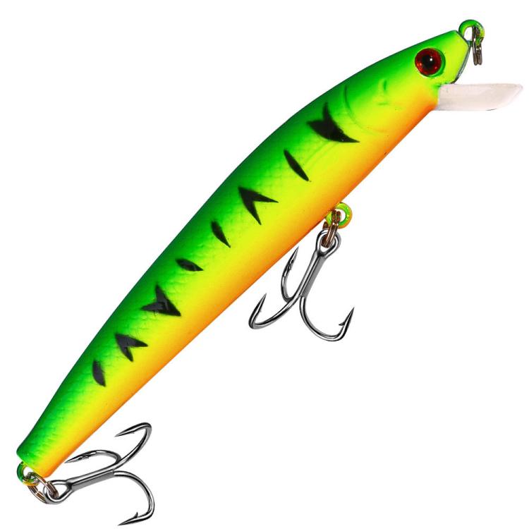 Green-yellow minnow fishing lure with black markings, clear lip, treble hooks