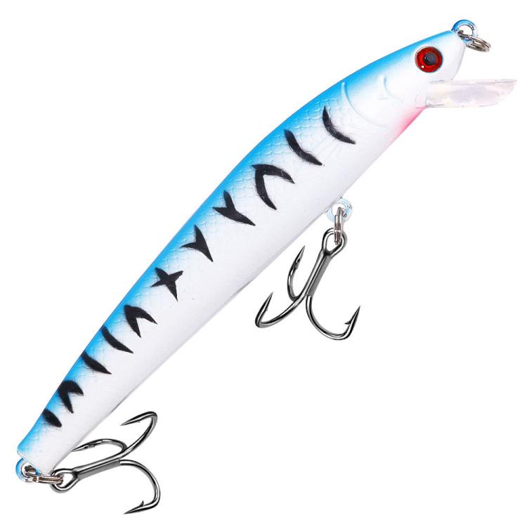 Light blue-and-white minnow fishing lure with black markings, clear lip, treble hooks