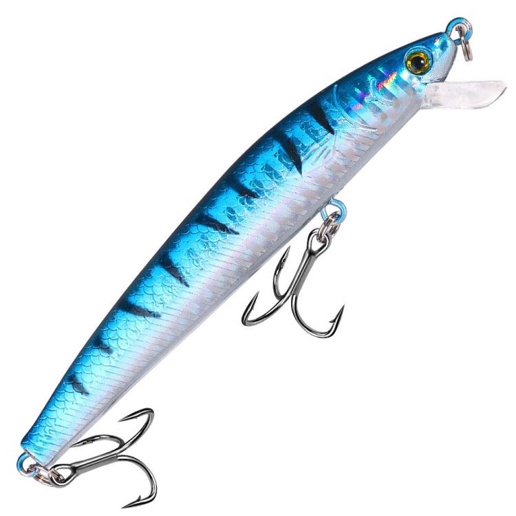 Blue and white minnow-style drop-shot lure with blue eye and two treble hooks