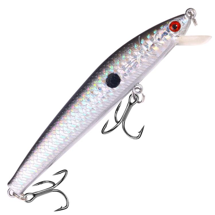 Silver minnow-style drop-shot lure with red eye and black gill spot