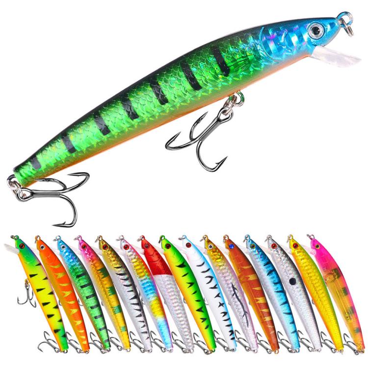 Assorted minnow-style lures with treble hooks, featuring a green-blue lure