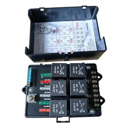 6-way relay fuse box with open lid showing circuit diagram and relay slots