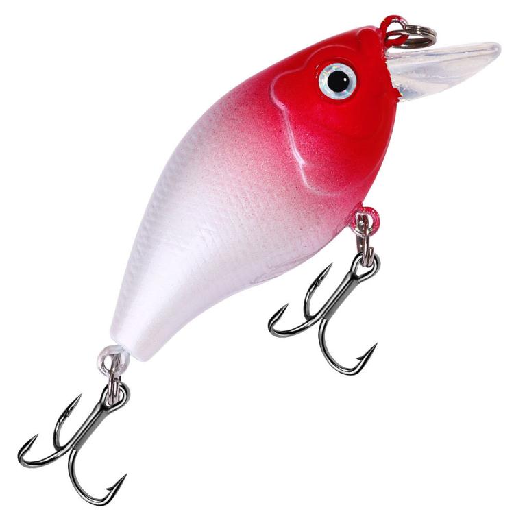 Red and white hard fishing crankbait lure with clear lip and two treble hook sets