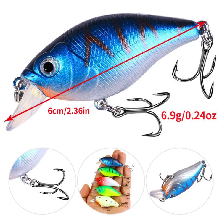 Blue hard crankbait lure showing 6cm length and 6.9g weight, clear lip and treble hooks