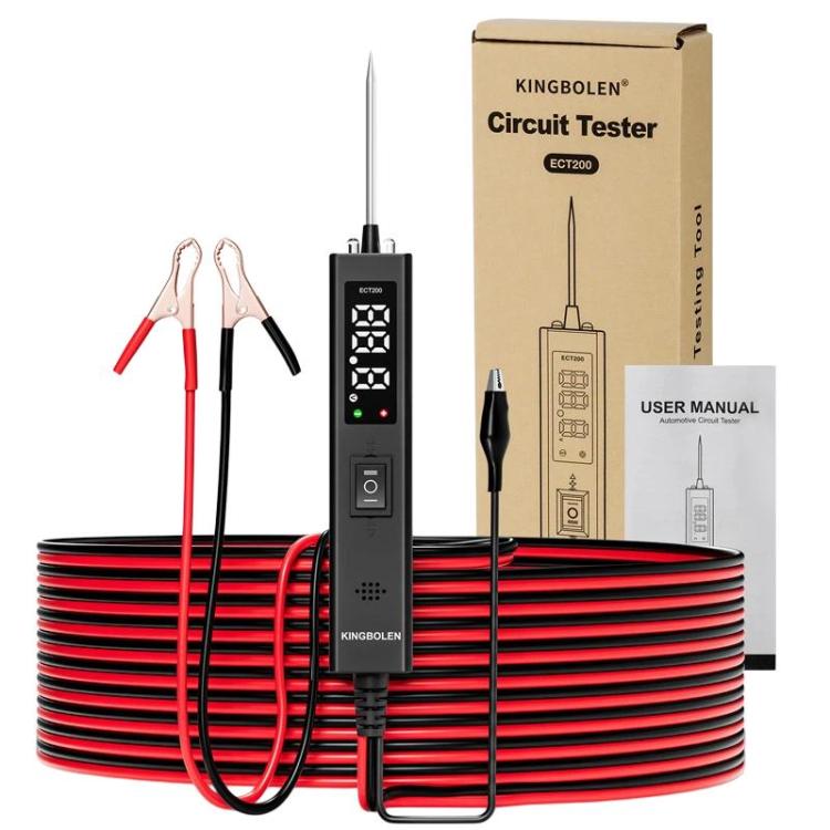 Automotive circuit tester kit with red/black coiled cable, probes, clips, and manual box