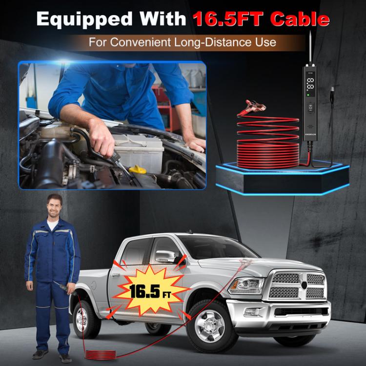 Automotive circuit tester with long-distance red coiled cable and battery clamp probe