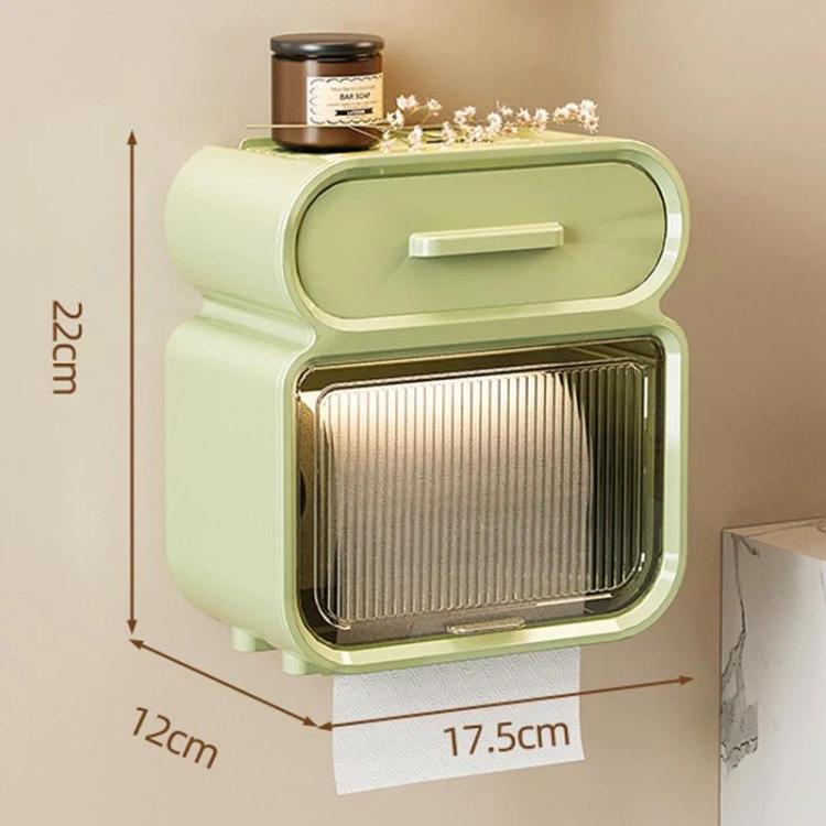 Green wall-mounted tissue storage rack with curved lid and slatted roll compartment