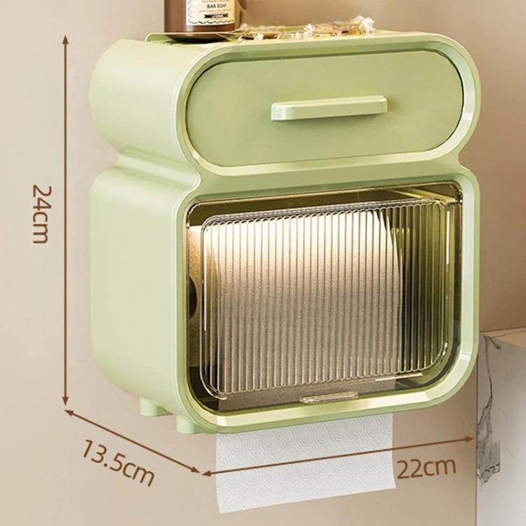Green tissue storage rack with curved lid and open slatted roll compartment
