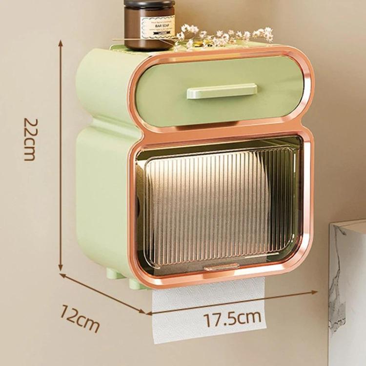 Green tissue storage rack with orange frame, curved lid, and slatted roll compartment