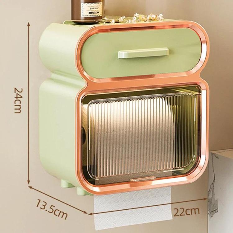 Green tissue storage rack with orange frame and open slatted roll compartment