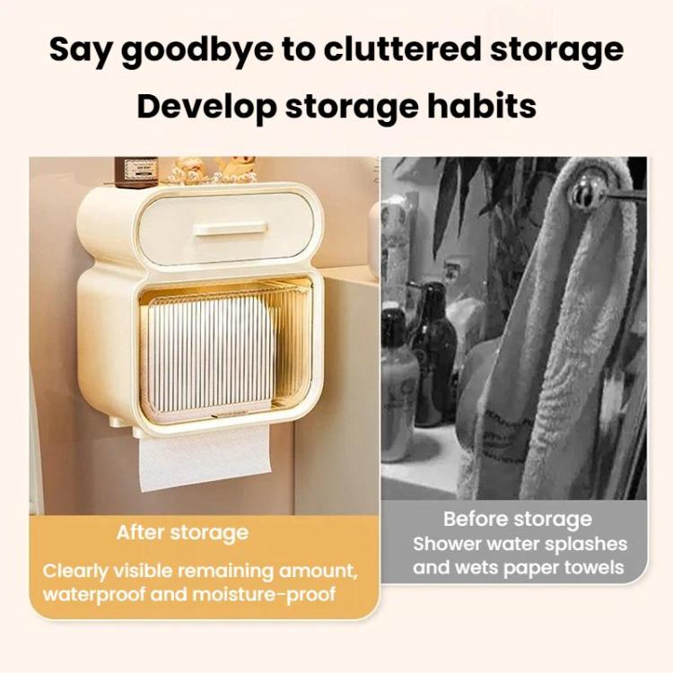 Wall-mounted tissue storage rack displayed with a hand pulling paper from the front