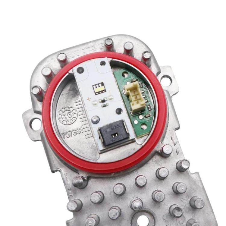 3-pin LED headlight module with red ring, circuit board, and connector