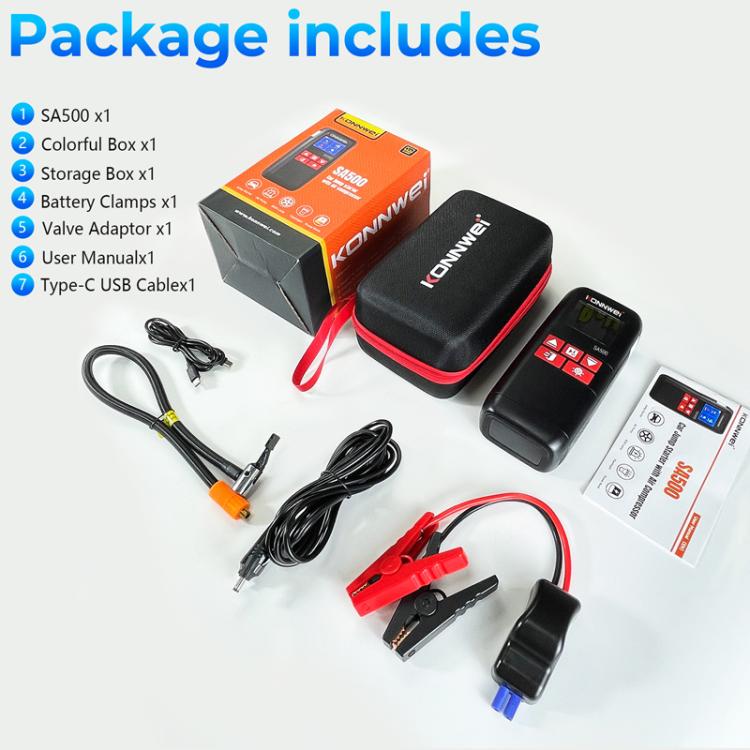Car tire inflator starter kit with cables, clamps, and carry case