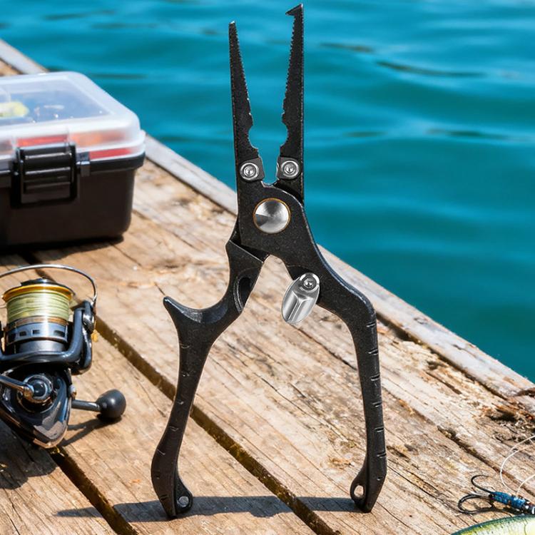 Dark metal fishing pliers with serrated jaws and curved hook-removal tip