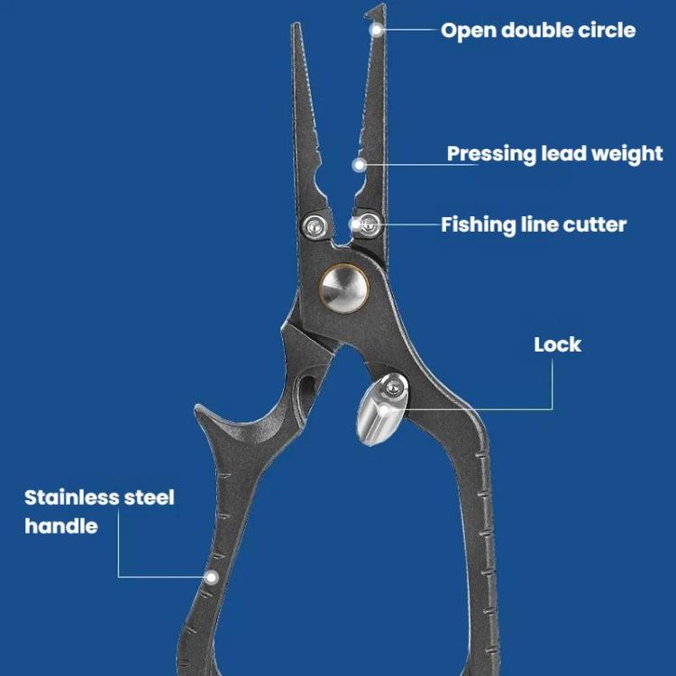 Multifunction fishing pliers with locking design and line-cutting tip, dark metal