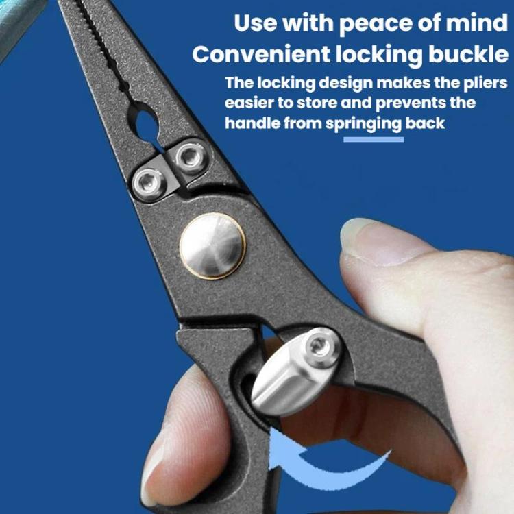 Locking fishing pliers close-up with textured grip and dark metal hook-removal jaw