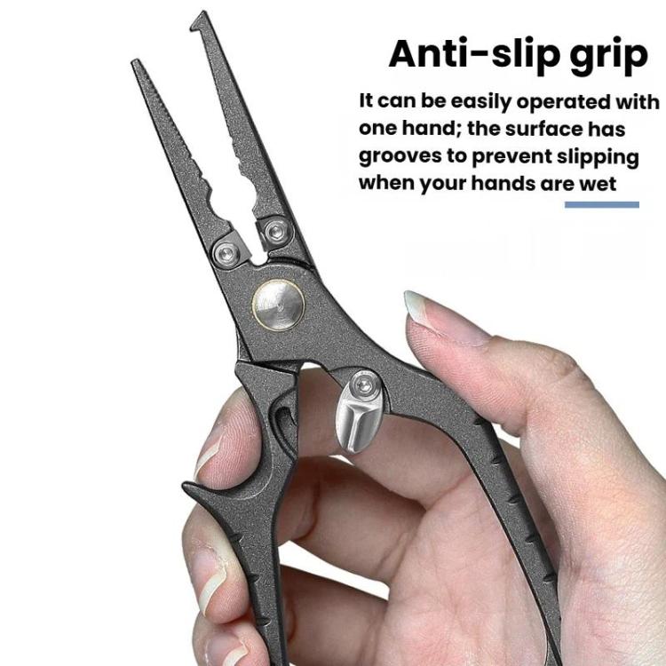 Fishing pliers with anti-slip textured handle grips and dark metal serrated jaws