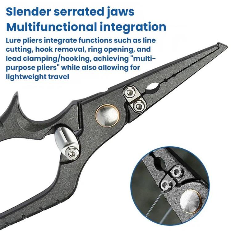 Multifunction fishing pliers with serrated jaws and dark metal line-cutter section