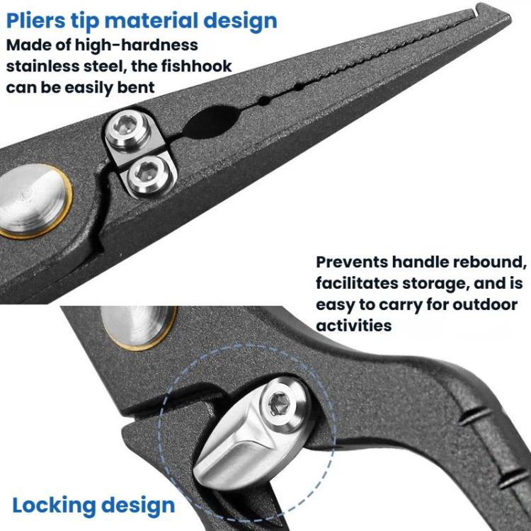 Serrated stainless-steel fishing pliers tip with locking knob and dark handle