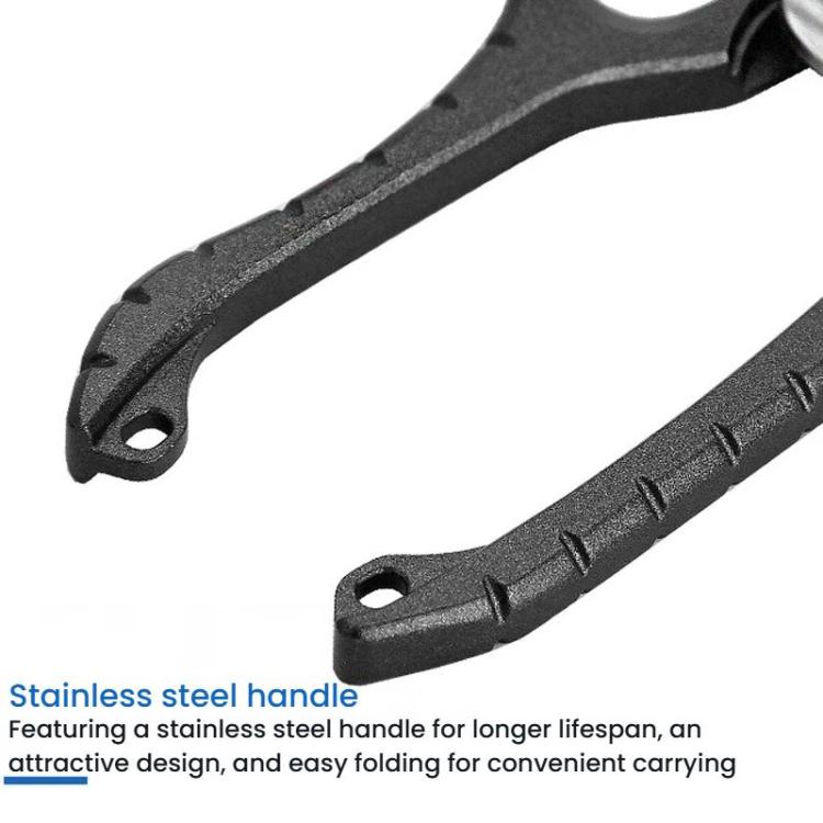 Textured black handle end of stainless-steel fishing pliers with carry loop