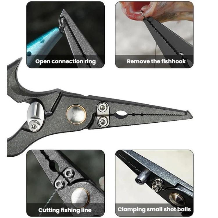 Fishing pliers with hook-removal notch and cutting edge on dark metal handle