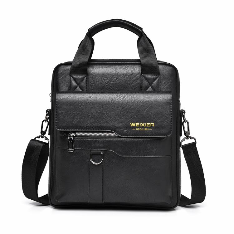 Black men's vertical PU leather messenger bag with flap, front zipper pocket, and crossbody strap