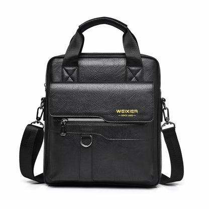 Black men's vertical PU leather messenger bag with flap, front zipper pocket, and crossbody strap