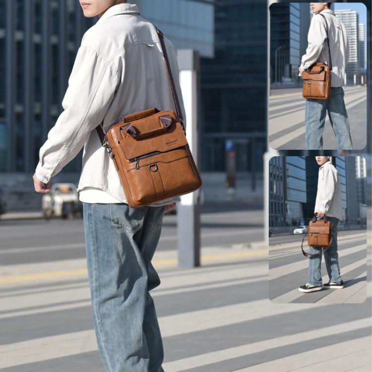 Brown vertical messenger bag worn crossbody by a man, with adjustable shoulder strap
