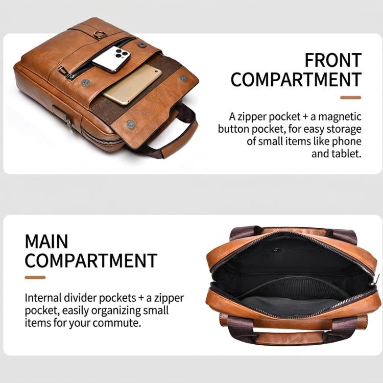 Brown PU leather messenger bag showing front compartment and main zip compartment